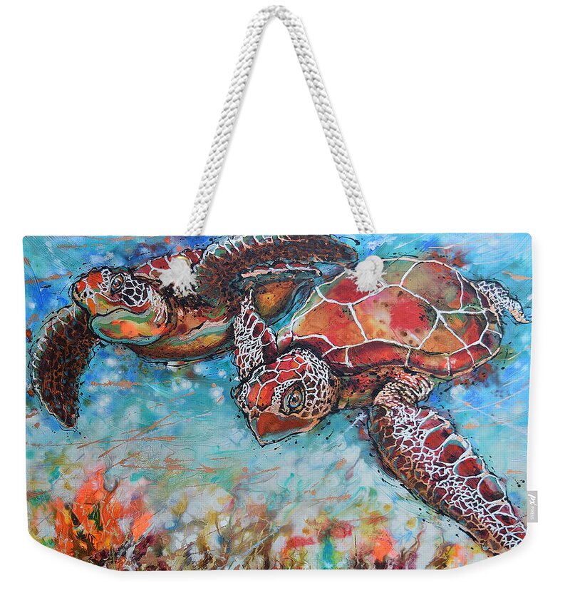 Marine Turtles Weekender Tote Bag featuring the painting Hawksbill Sea Turtles by Jyotika Shroff