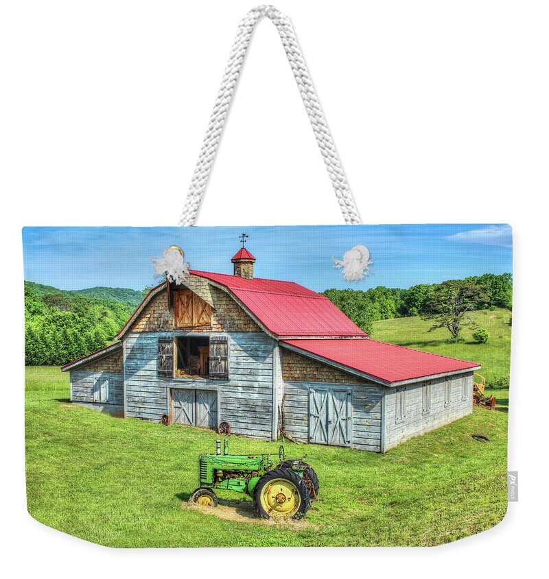 Hayesville Weekender Tote Bag featuring the photograph Hayesville Barn And Tractor by Lorraine Baum