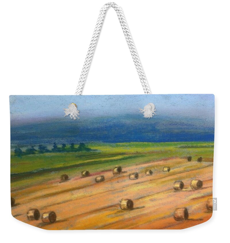 Pastels Weekender Tote Bag featuring the pastel Haying on Annapolis Royal Dykes by Rae Smith