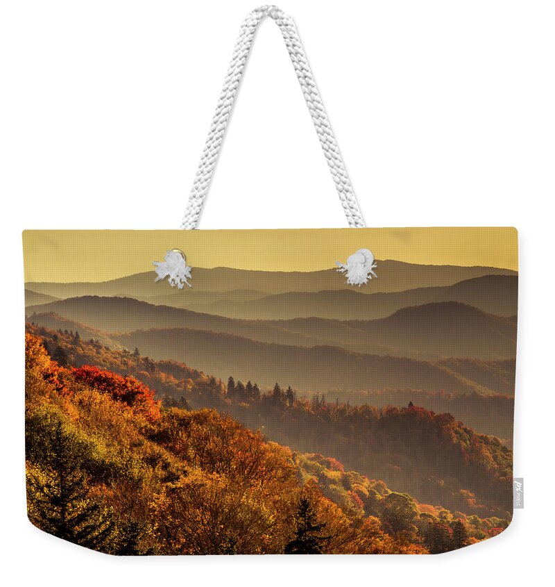 Clingmans Dome Weekender Tote Bag featuring the photograph Hazy Sunny Layers in the Smoky Mountains by Teri Virbickis
