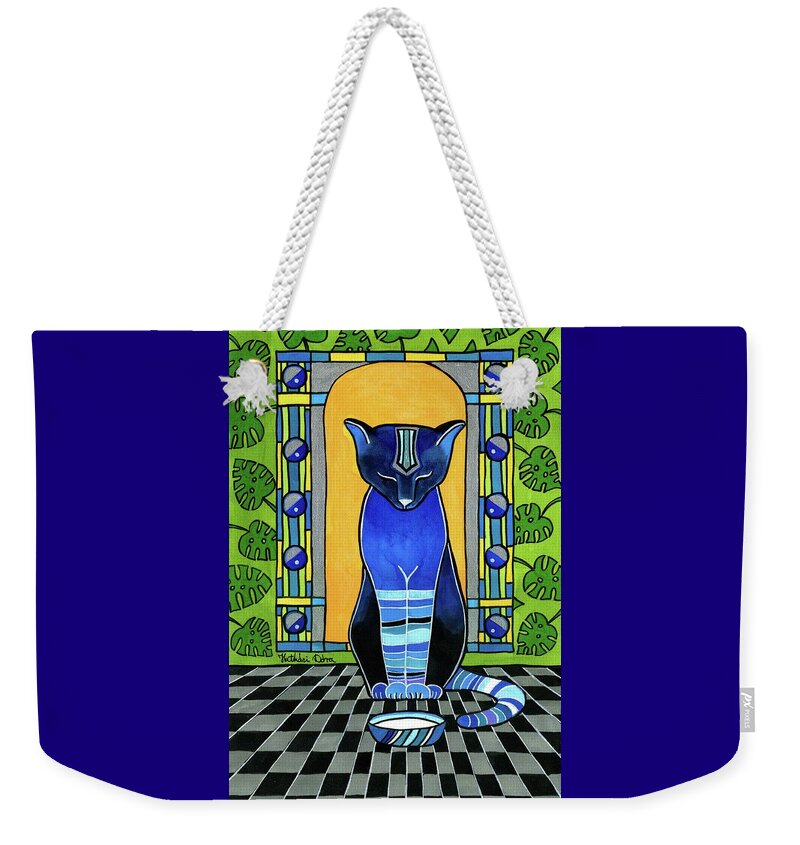 Cats Weekender Tote Bag featuring the painting He Is Back - Blue Cat Art by Dora Hathazi Mendes