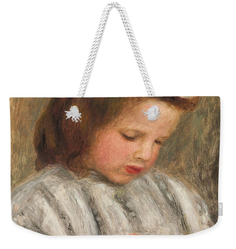 Renoir Weekender Tote Bag featuring the painting Head of a Girl, Tete de fillette by Pierre Auguste Renoir