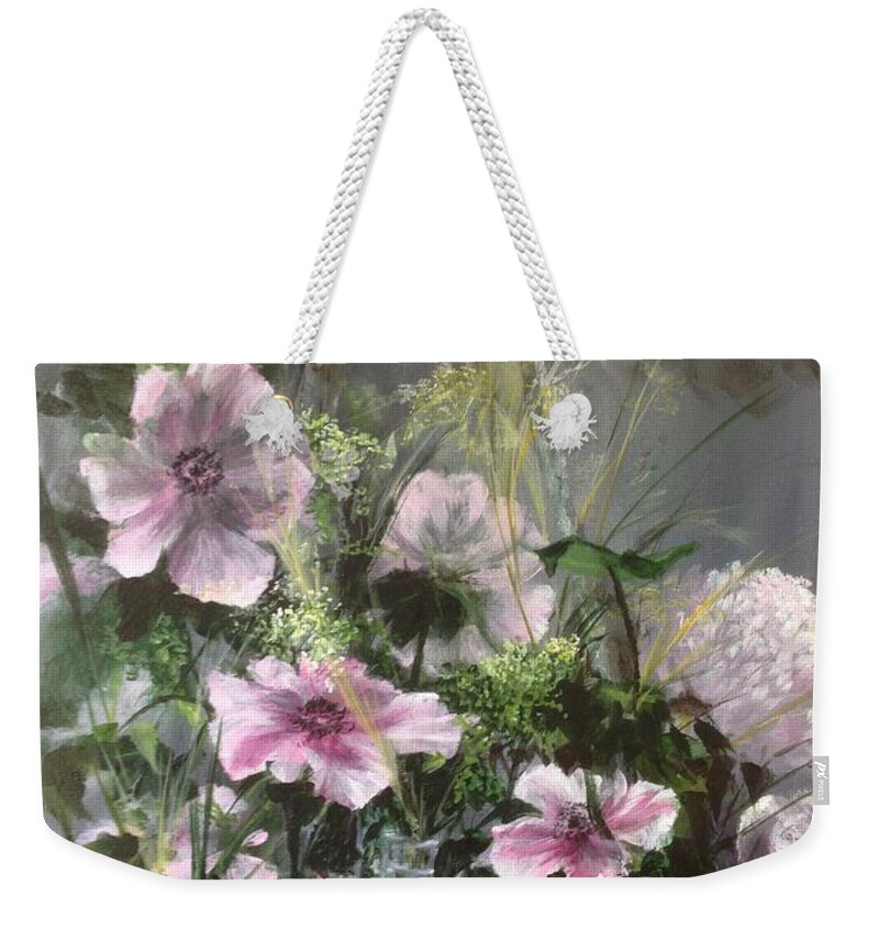Pink Flowers Weekender Tote Bag featuring the painting Heart knows best, in Pale pink by Lizzy Forrester