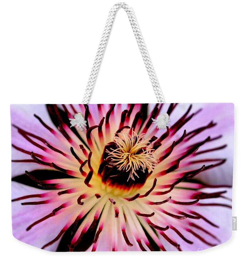 Nelly Moser Weekender Tote Bag featuring the photograph Heart of a Clematis by Baggieoldboy