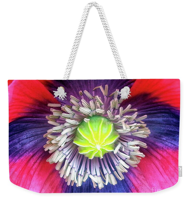 Poppy Weekender Tote Bag featuring the photograph Heart of a Poppy by Lynn Bolt