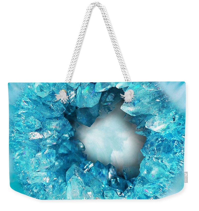 Aquamarine Weekender Tote Bag featuring the digital art Heart shaped crystals aqua blue by Tina Lavoie