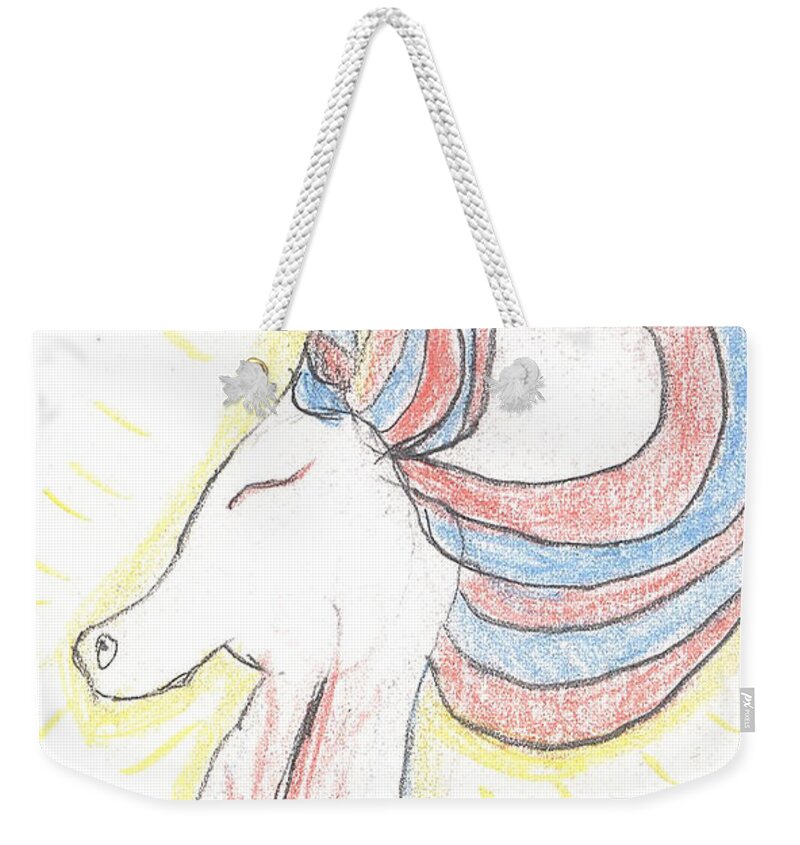 Bright Weekender Tote Bag featuring the drawing Heart-Unicorn-Drawing by Heidi Sieber