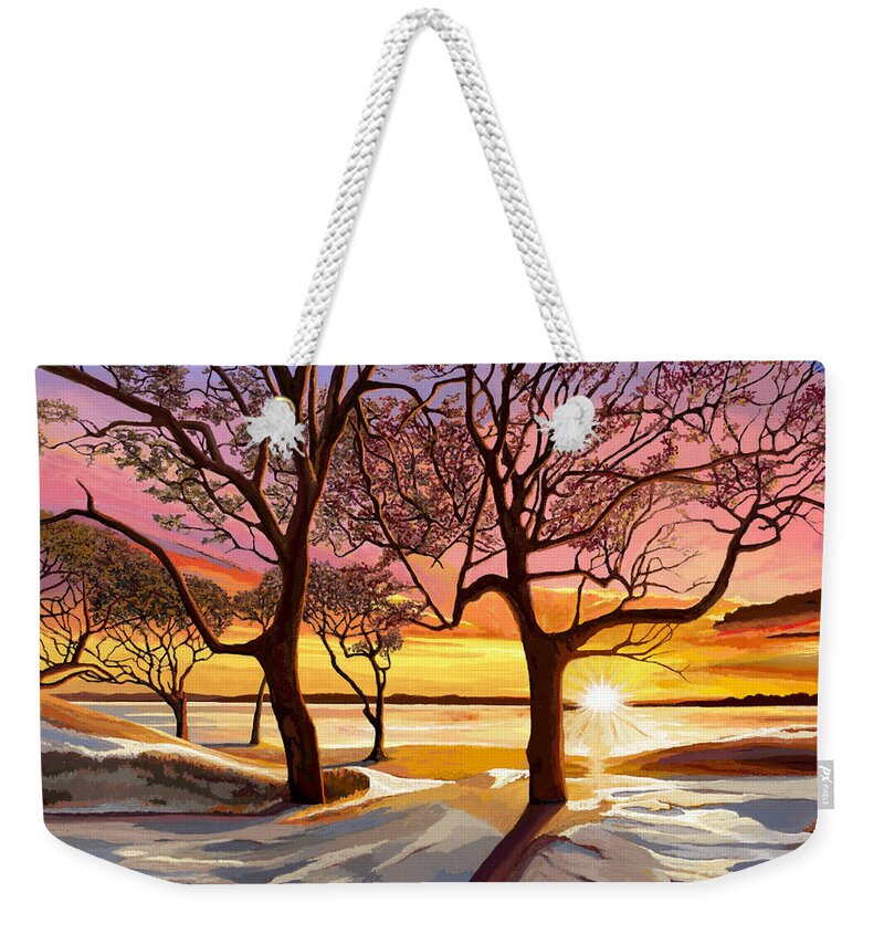 Trees Weekender Tote Bag featuring the painting Heartfelt Trees at Sunset by Jackie Case
