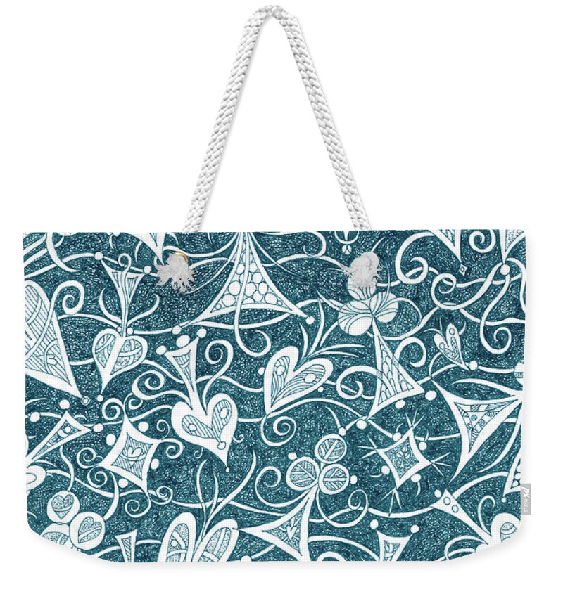 Lise Winne Weekender Tote Bag featuring the drawing Hearts, Spades, Diamonds and Clubs in Green by Lise Winne