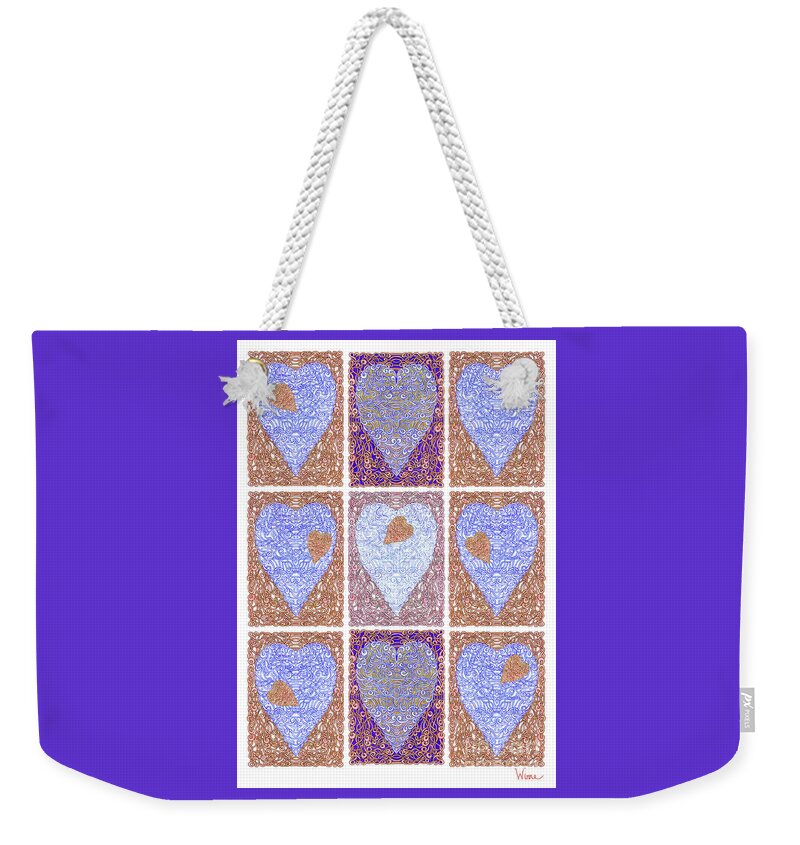 Lise Winne Weekender Tote Bag featuring the digital art Hearts Within Hearts In Copper and Blue by Lise Winne