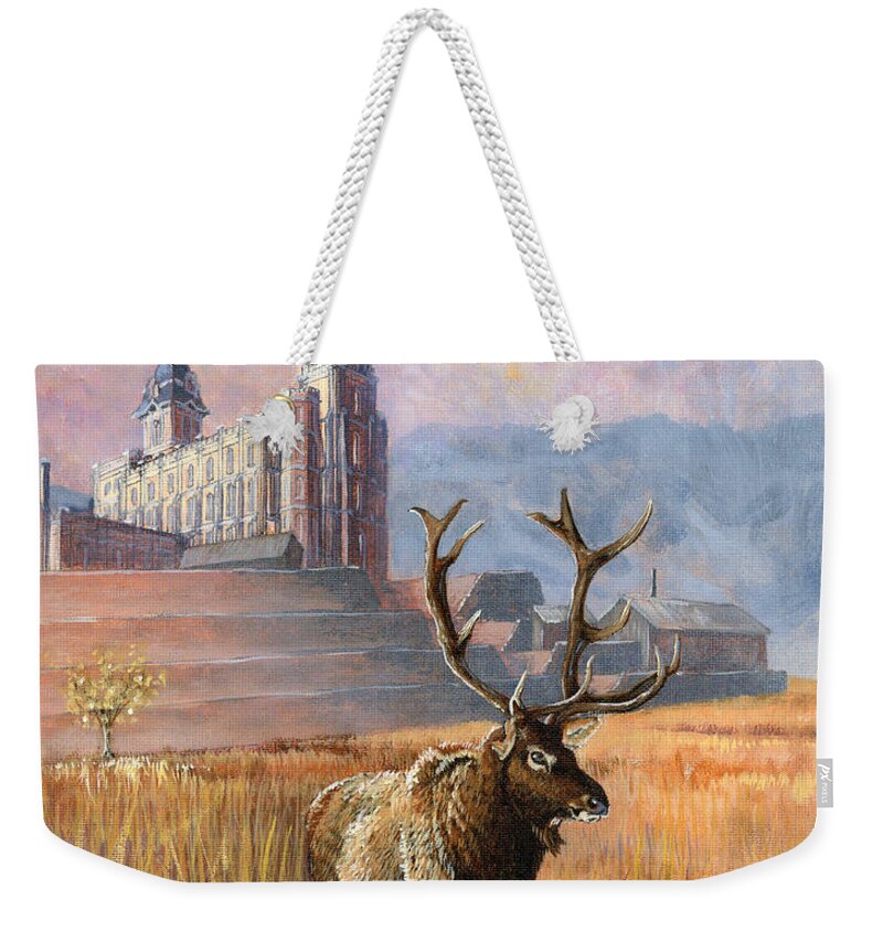 Elk Weekender Tote Bag featuring the painting Heaven and Earth by Jeff Brimley