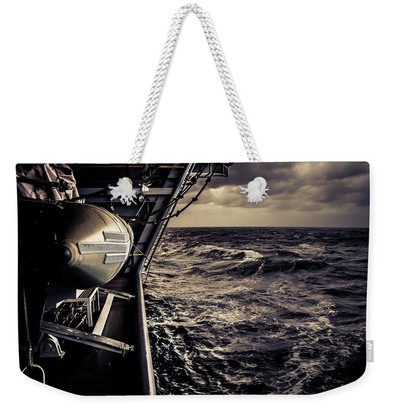 Navy Weekender Tote Bag featuring the photograph Heavy Seas by Larkin's Balcony Photography