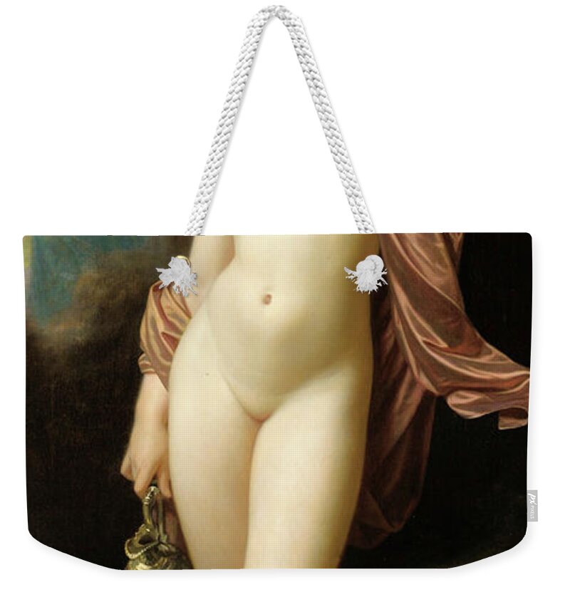 Hugues Merle Weekender Tote Bag featuring the painting Hebe Day-Dreaming or Hebe after her Fall by Hugues Merle