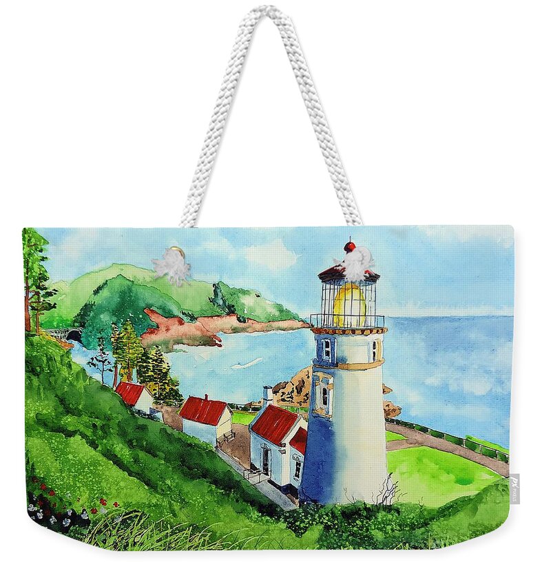 Heceta Weekender Tote Bag featuring the painting Heceta Head Lighthouse by Tom Riggs