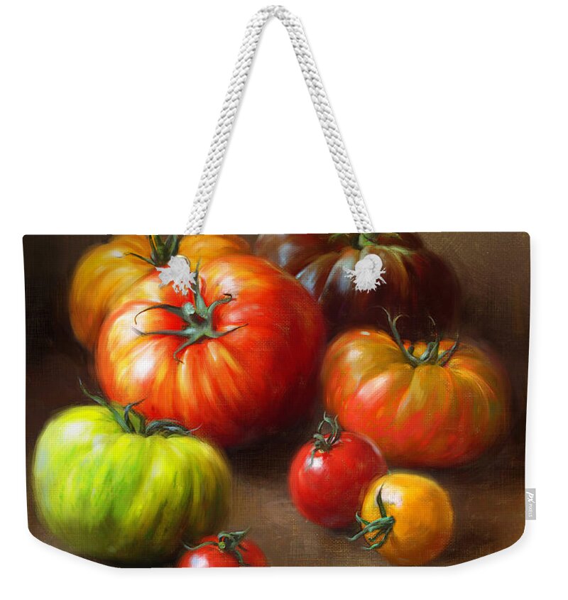 Tomato Weekender Tote Bag featuring the painting Heirloom Tomatoes by Robert Papp