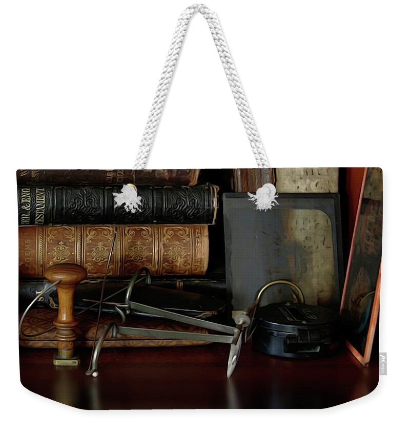 Old Books Weekender Tote Bag featuring the digital art Heirlooms Reflecting Back 2 by Yvonne Wright