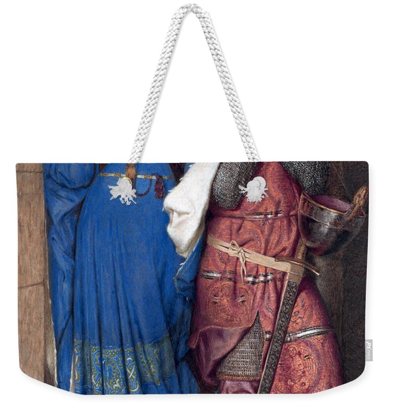 Frederic William Burton Weekender Tote Bag featuring the drawing Hellelil and Hildebrand or The Meeting on the Turret Stairs by Frederic William Burton