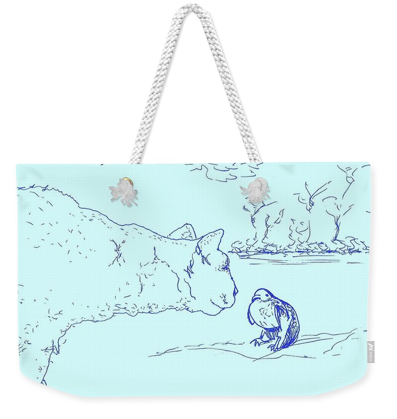 Cat Weekender Tote Bag featuring the drawing Hello Birdie by Denise F Fulmer