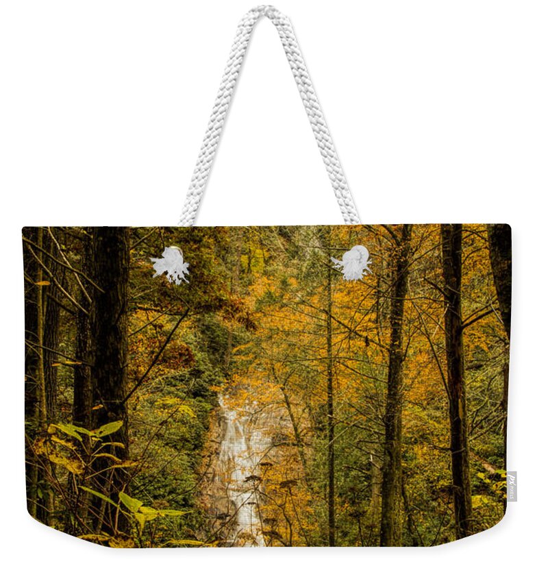 Helton Falls Weekender Tote Bag featuring the photograph Helton Falls through the leaves by Barbara Bowen