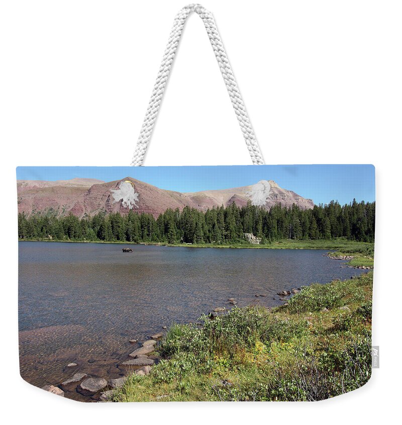 Utah Weekender Tote Bag featuring the photograph Henrys Fork Lake and Moose - High Uinta Mountain Wilderness, Utah by Brett Pelletier