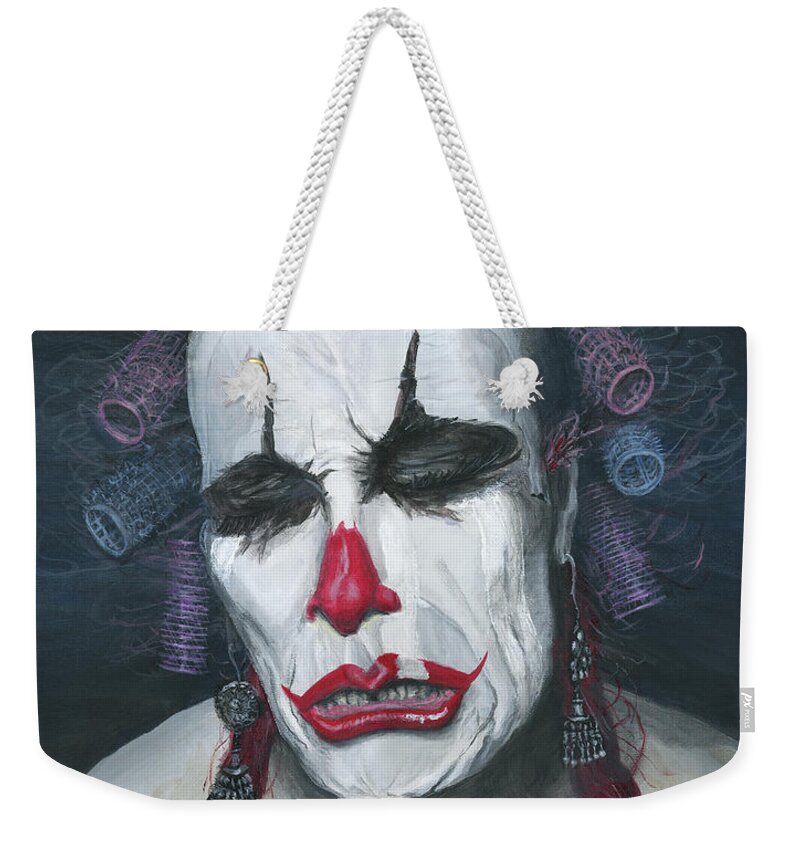 Clown Weekender Tote Bag featuring the painting Her Tears by Matthew Mezo