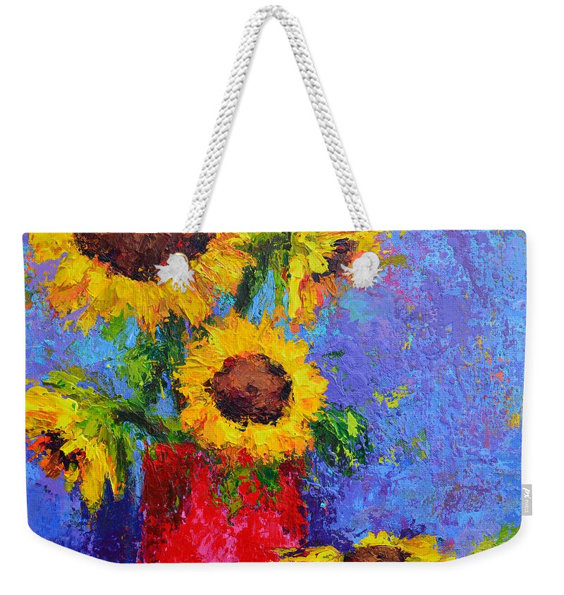 Floral Still Life Weekender Tote Bag featuring the painting Here Comes the Sunshine Modern Impressionist Floral Still life palette knife work by Patricia Awapara