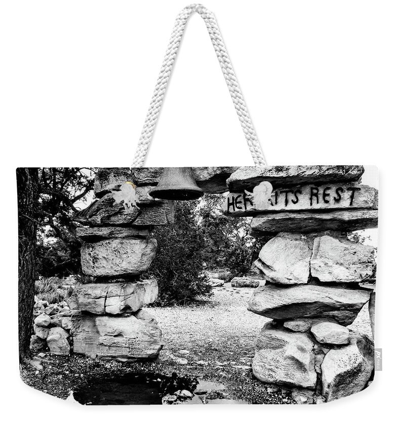 Architecture Weekender Tote Bag featuring the photograph Hermit's Rest, Black and White by Adam Morsa
