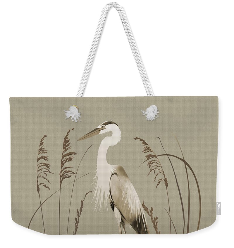 Bird Weekender Tote Bag featuring the digital art Heron And Lotus Flowers by M Spadecaller