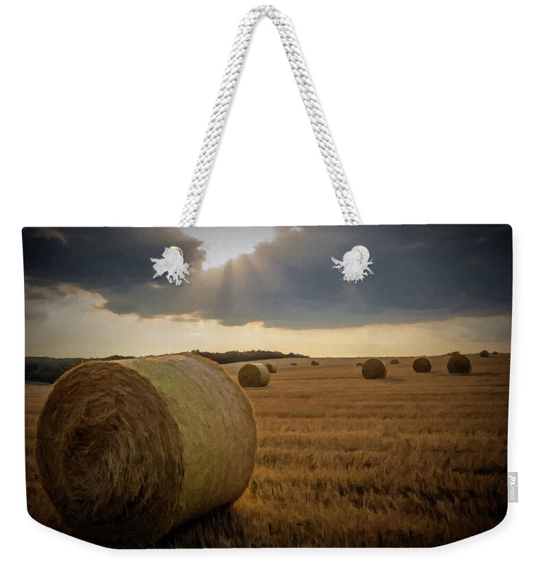 Field Weekender Tote Bag featuring the photograph Hey Bales and Sun Rays by David Dehner