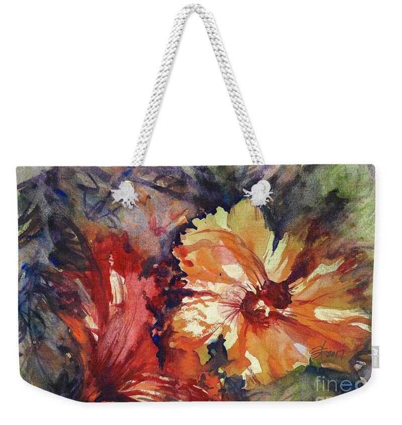 Floral Weekender Tote Bag featuring the painting Hibiscus Pair by Francelle Theriot