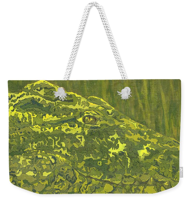 Crocodile Weekender Tote Bag featuring the painting Hidden Danger by Cheryl Bowman