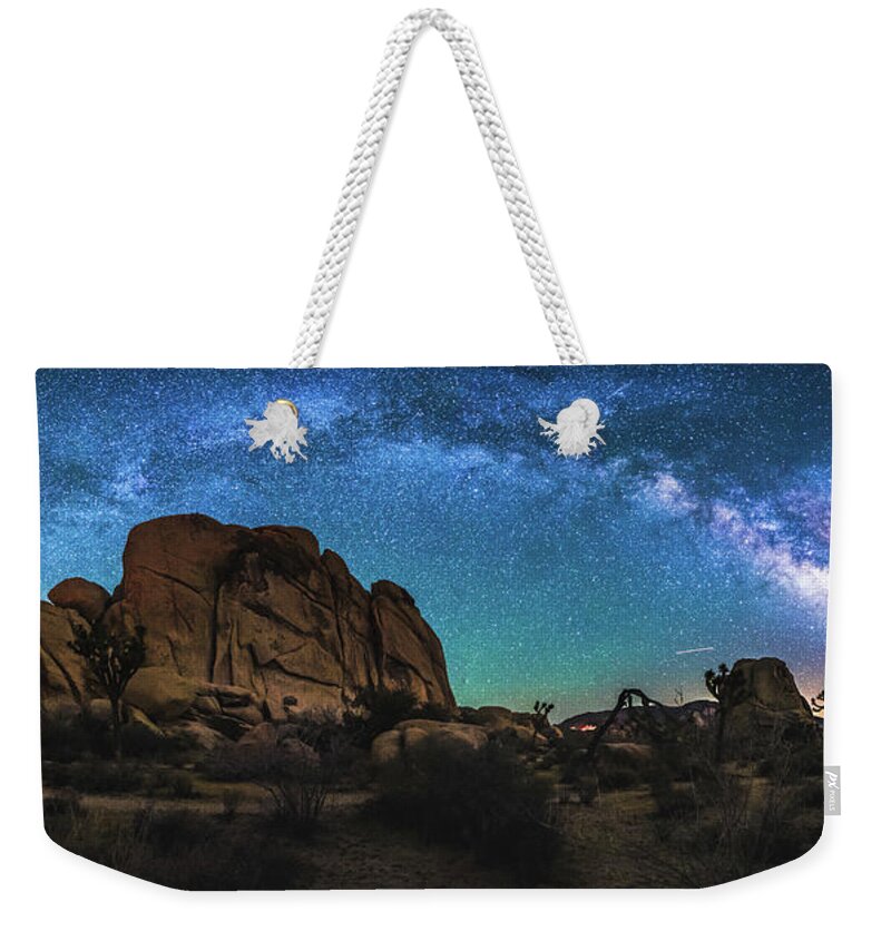Joshua Tree Weekender Tote Bag featuring the photograph Hidden Valley Milky Way Panorama by Robert Loe