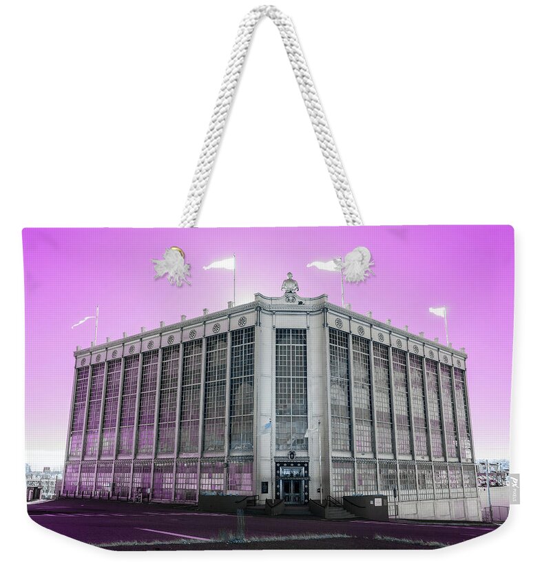 Ir Infra Red Infrared Purple Sky Architecture Steel Higgins Armory Museum Worcester Ma Mass Massachusetts Historic Iconic Brian Hale Brianhalephoto New England Newengland U.s.a. Usa Brian Hale Brianhalephoto Weekender Tote Bag featuring the photograph Higgins Armory in Infrared by Brian Hale