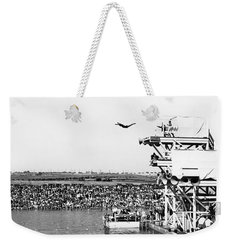 1920s Weekender Tote Bag featuring the photograph High Platform Swan Dive by Underwood Archives