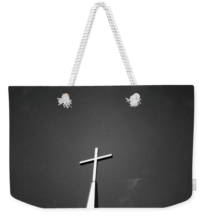 Church Weekender Tote Bag featuring the photograph Higher to Heaven - Black and White Photography by Linda Woods by Linda Woods