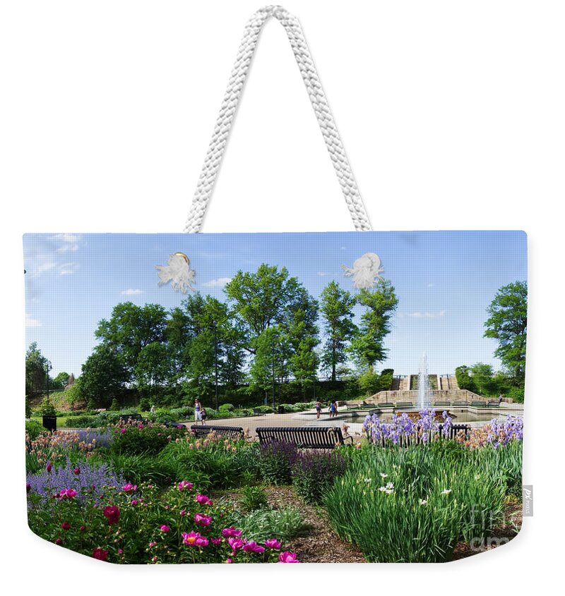Highland Park Weekender Tote Bag featuring the photograph Highland Park Fountain and Courtyard Pittsburgh Pennsylvania by Amy Cicconi