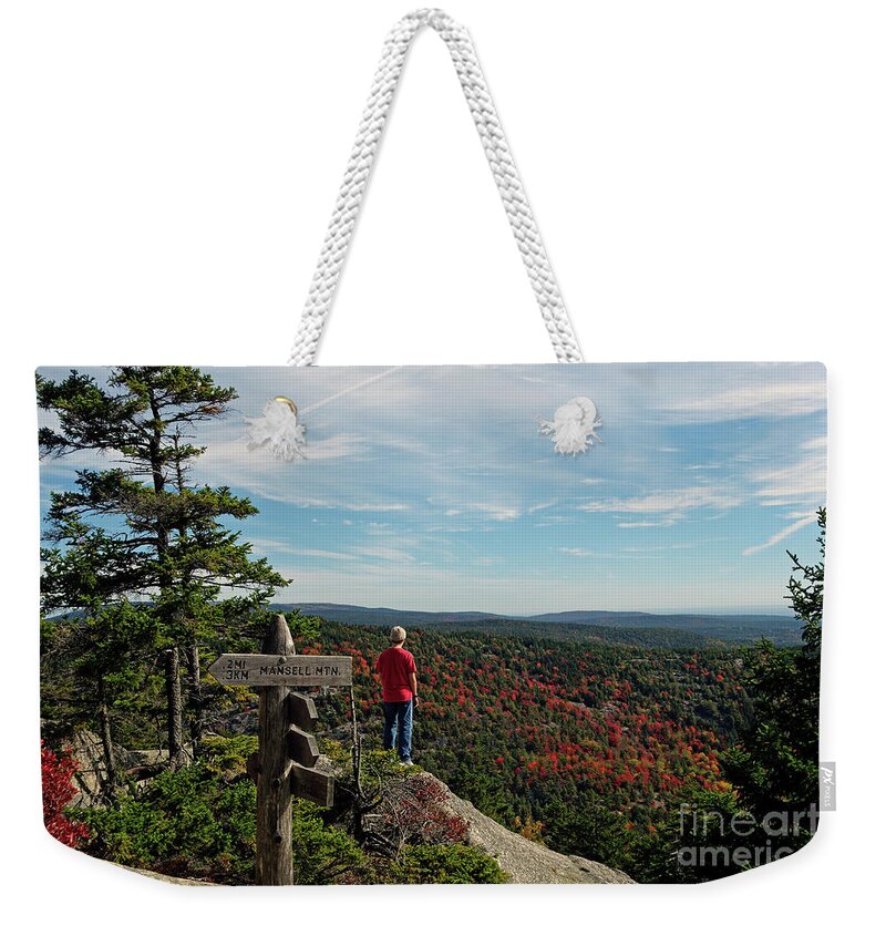 Sign Weekender Tote Bag featuring the photograph Hiker in Acadia National Park by Kevin Shields