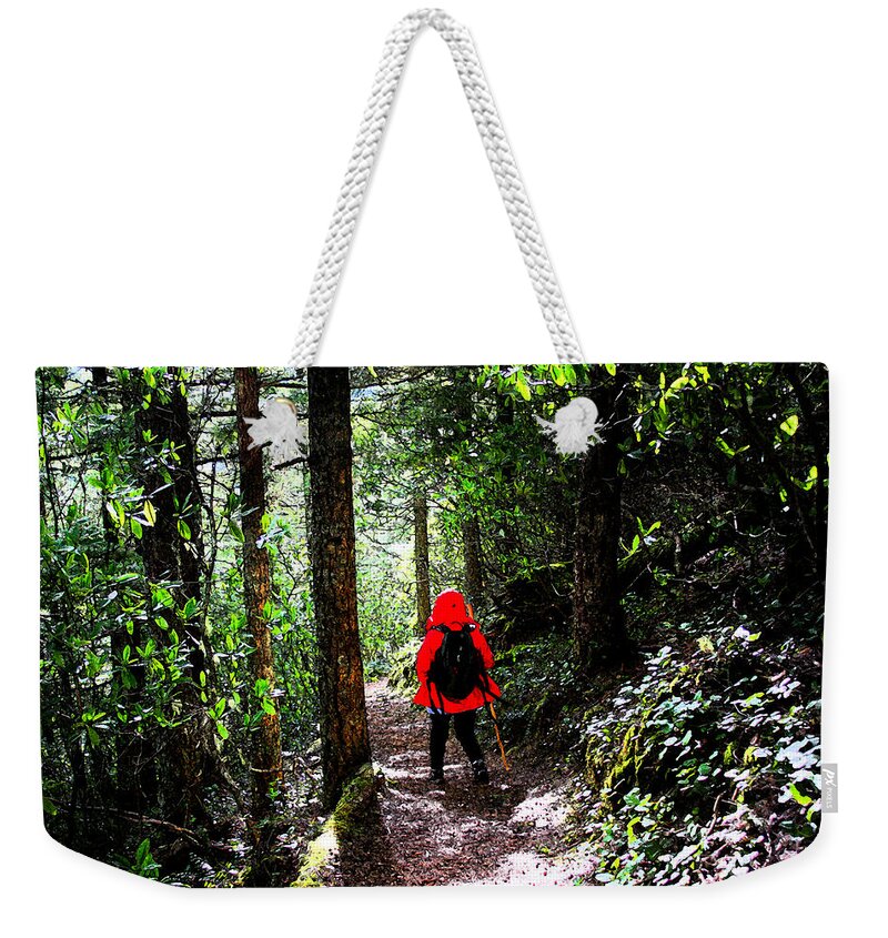 Hiker Weekender Tote Bag featuring the photograph Hiker In Red by Marie Jamieson