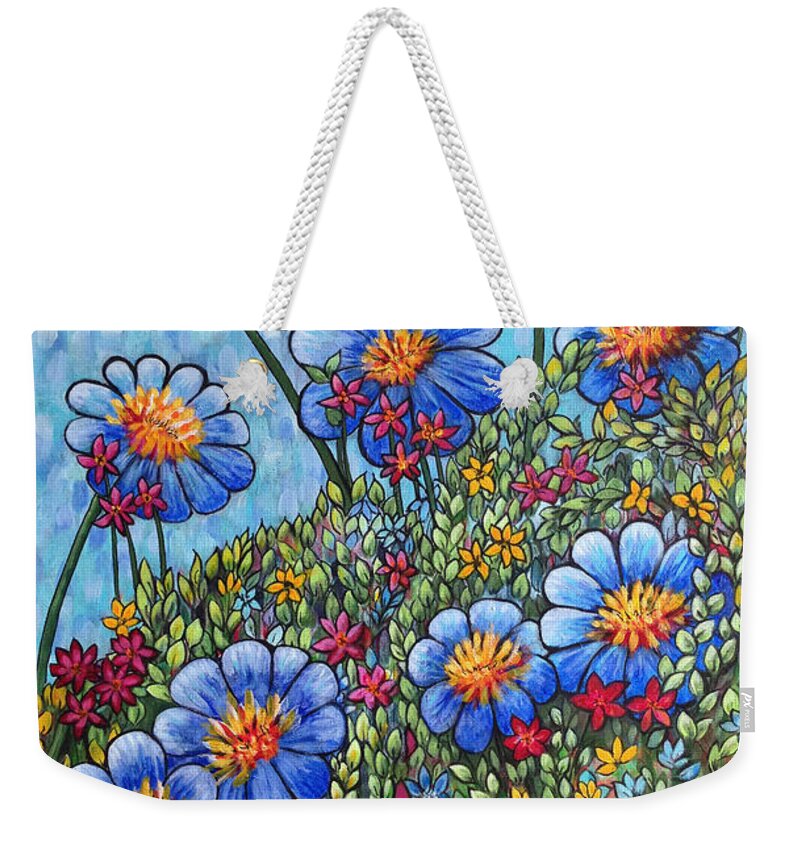 Blue Flowers Weekender Tote Bag featuring the painting Hillside Blues by Holly Carmichael