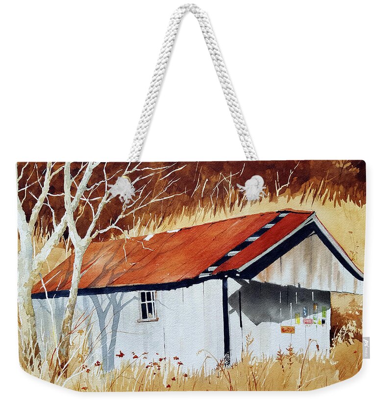 Shed Weekender Tote Bag featuring the painting Hillside Shed by Jim Gerkin