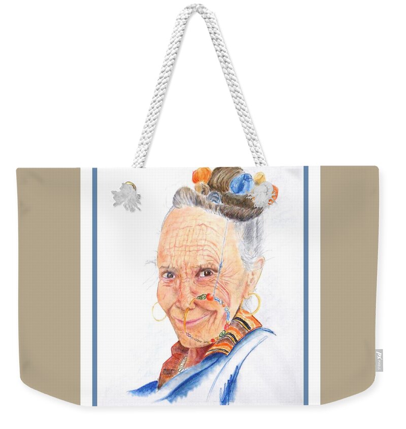 Himalayas Weekender Tote Bag featuring the pastel Himalayan Smile Lines -- Portrait of Old Asian Woman by Jayne Somogy