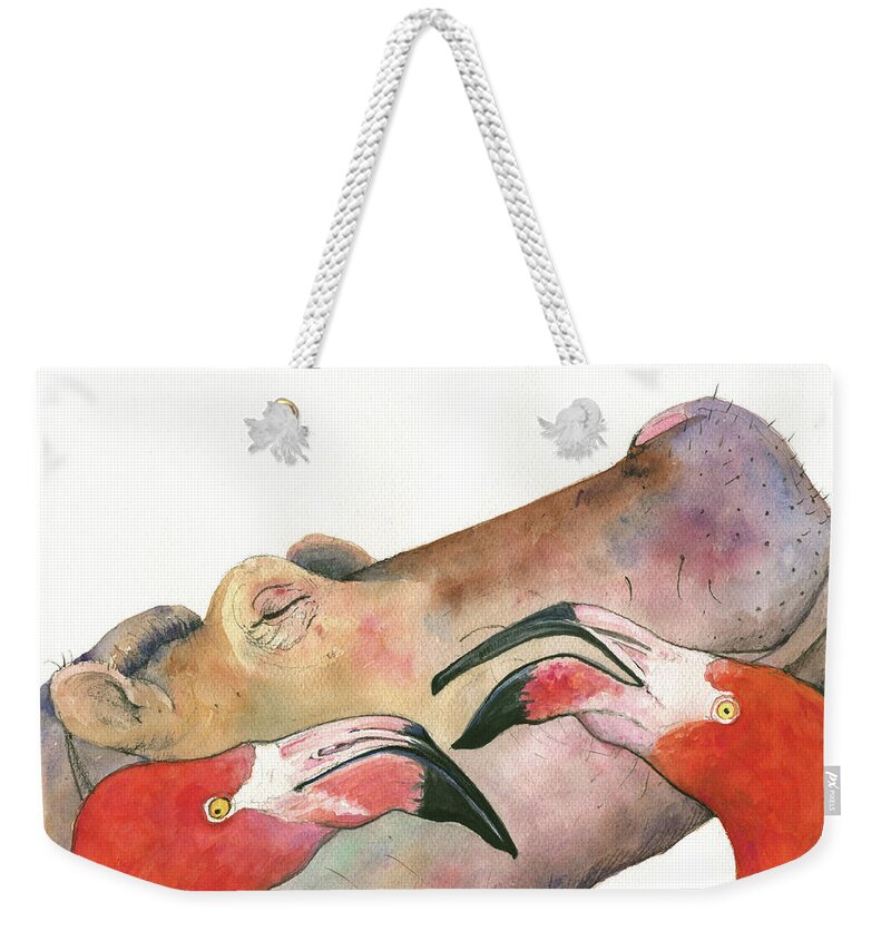 Hippo Art Weekender Tote Bag featuring the painting Hippo With Flamingos Heads by Juan Bosco