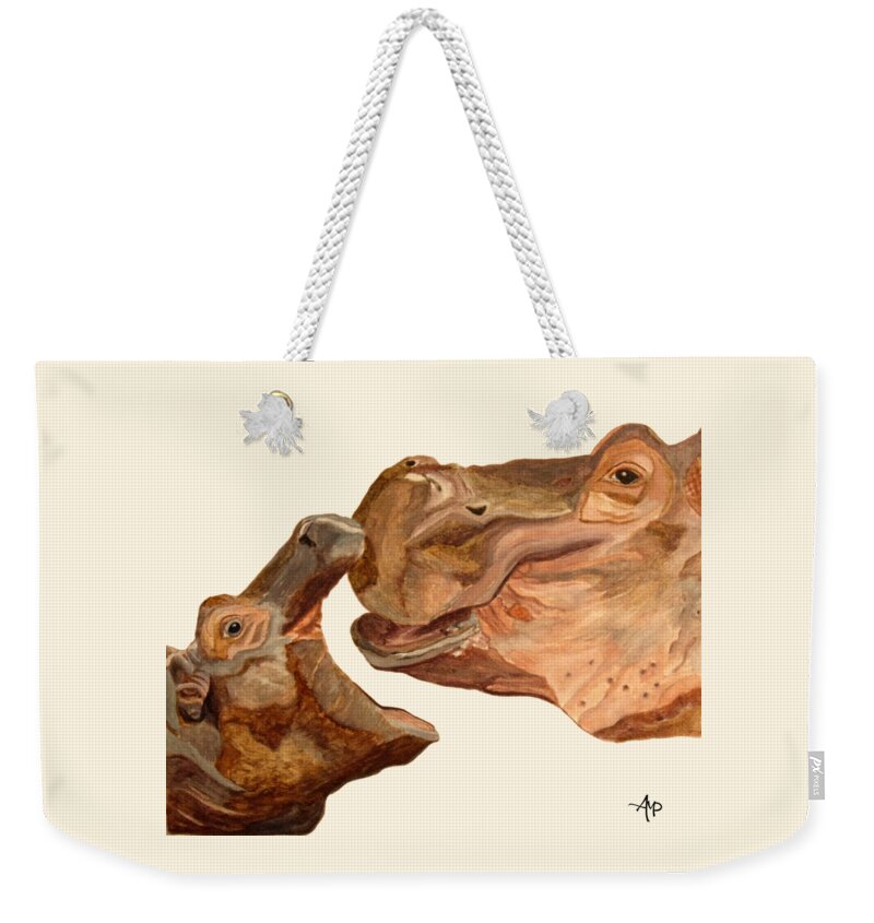 Hippos Weekender Tote Bag featuring the painting Hippos by Angeles M Pomata