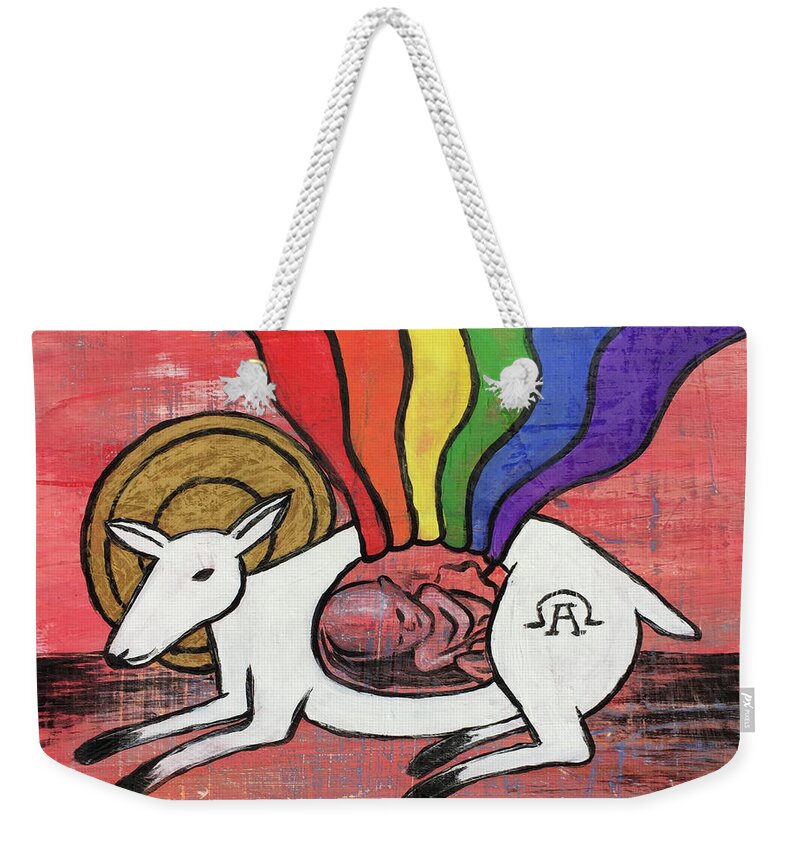 Lamb Weekender Tote Bag featuring the painting His Masterpiece by Nathan Rhoads