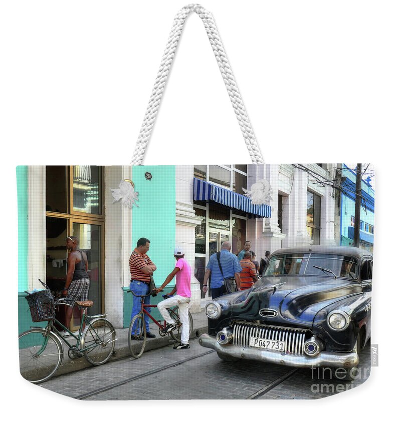 Becky Carroll Weekender Tote Bag featuring the photograph Historic Camaguey Cuba Prints The Cars 2 by Wayne Moran