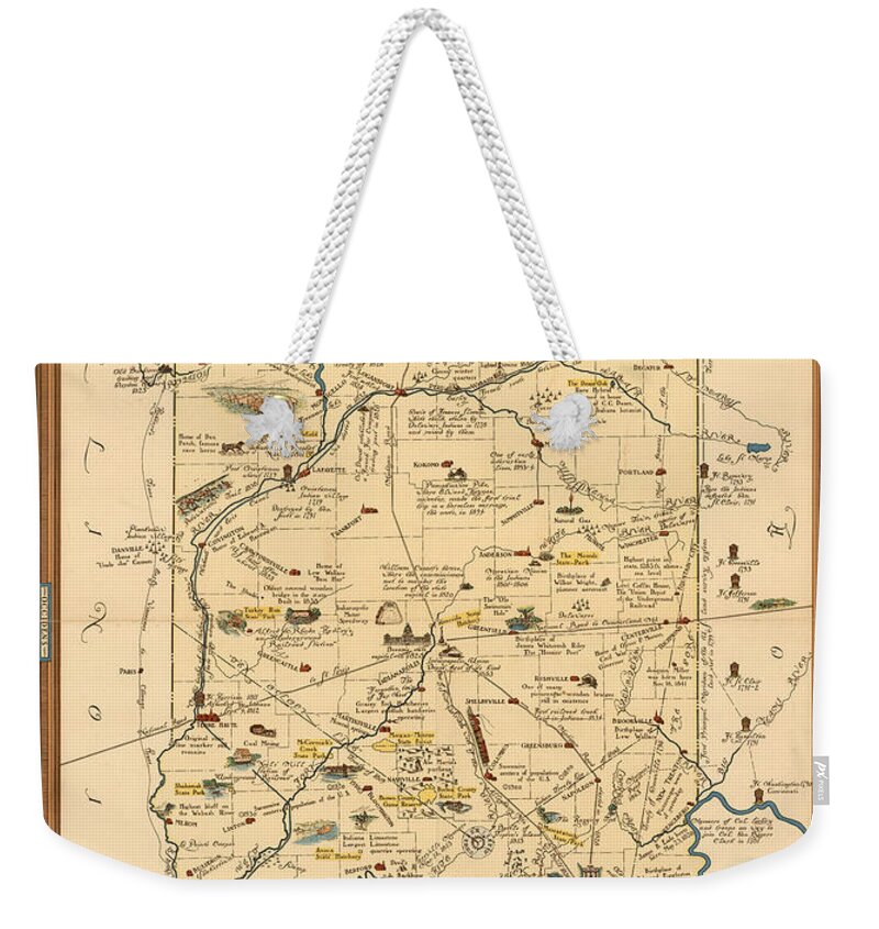 Indiana Weekender Tote Bag featuring the mixed media Historical Illustrated Map of Indiana - Cartography - Vintage Map by Studio Grafiikka