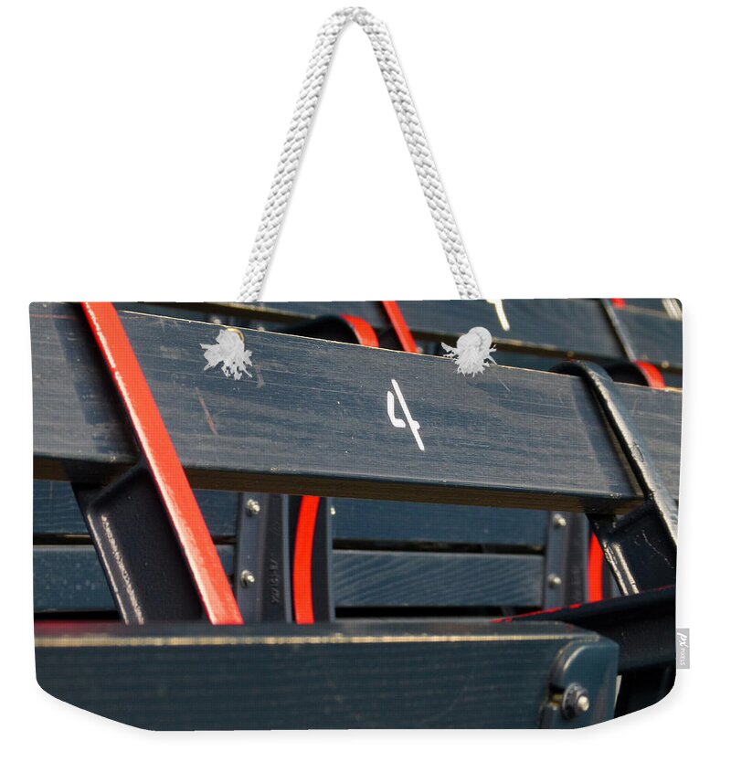Red Sox Weekender Tote Bag featuring the photograph Historical Wood Seating at Boston Fenway Park by Juergen Roth