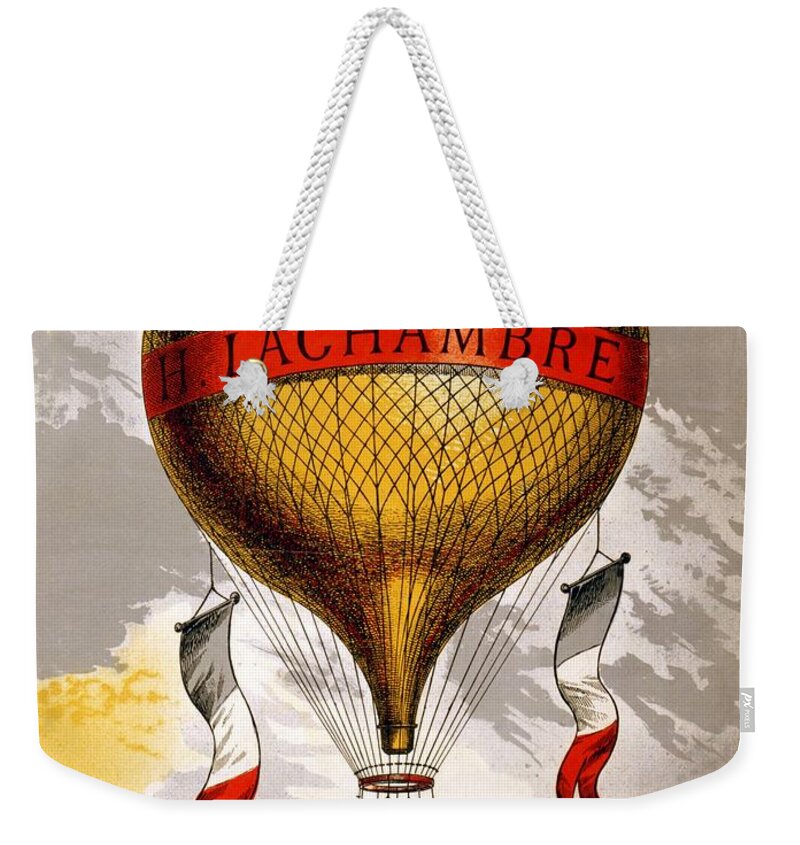 H.lachambre Weekender Tote Bag featuring the mixed media H.Lachambre - Two Men Flying in a Hot Air Balloon - Retro travel Poster - Vintage Poster by Studio Grafiikka