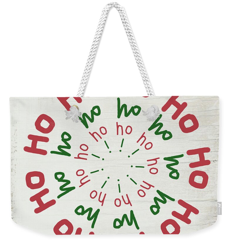 Christmas Weekender Tote Bag featuring the mixed media Ho Ho Ho Wreath- Art by Linda Woods by Linda Woods