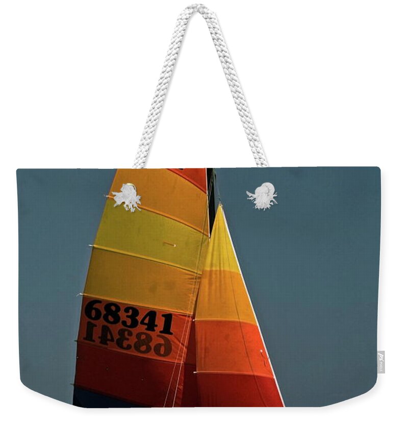 2 Men Board Small Catamaran Sailboat Weekender Tote Bag featuring the photograph Hobie Cat in Surf by Sally Weigand